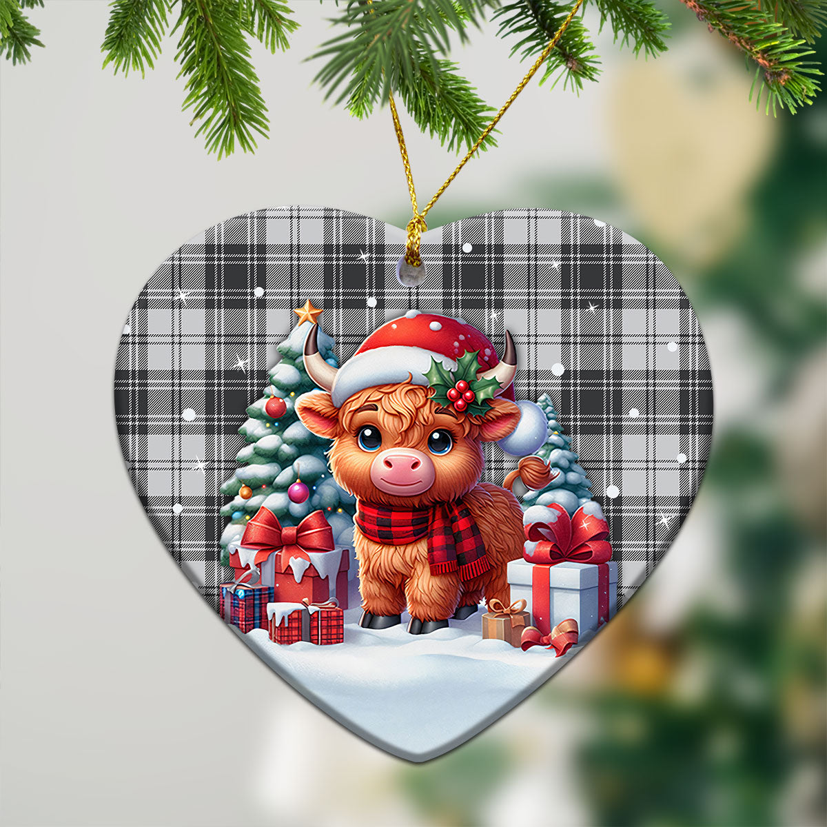 Douglas Grey Modern Tartan Christmas Ceramic Ornament - Highland Cow Winter Style