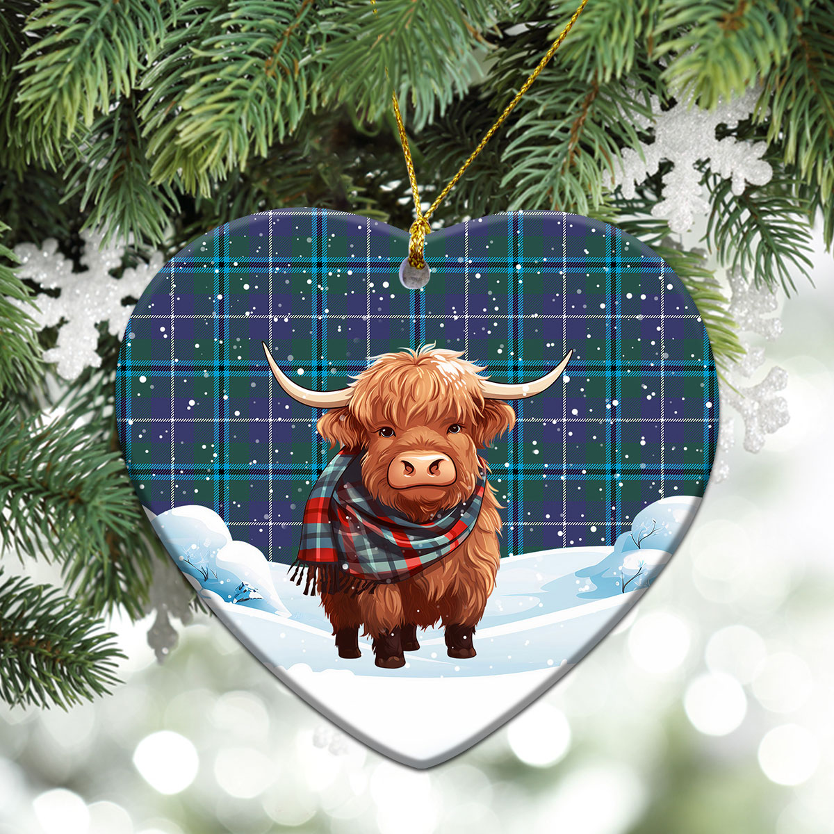 Douglas Modern Tartan Christmas Ceramic Ornament - Highland Cows Snow Style