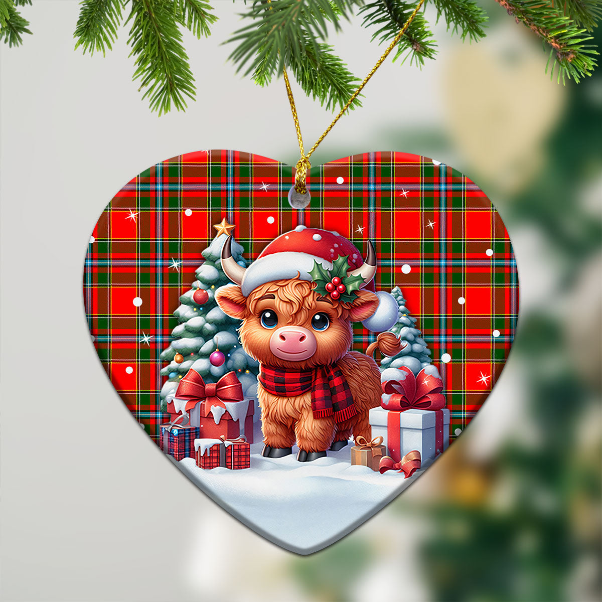 Drummond of Perth Tartan Christmas Ceramic Ornament - Highland Cow Winter Style