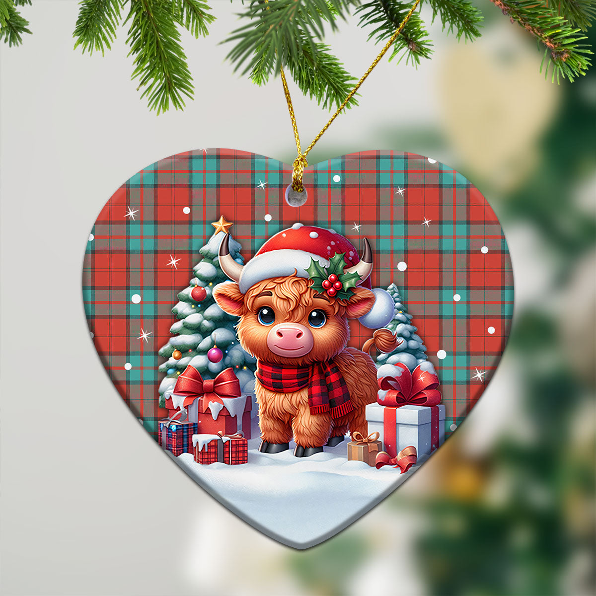 Dunbar Ancient Tartan Christmas Ceramic Ornament - Highland Cow Winter Style