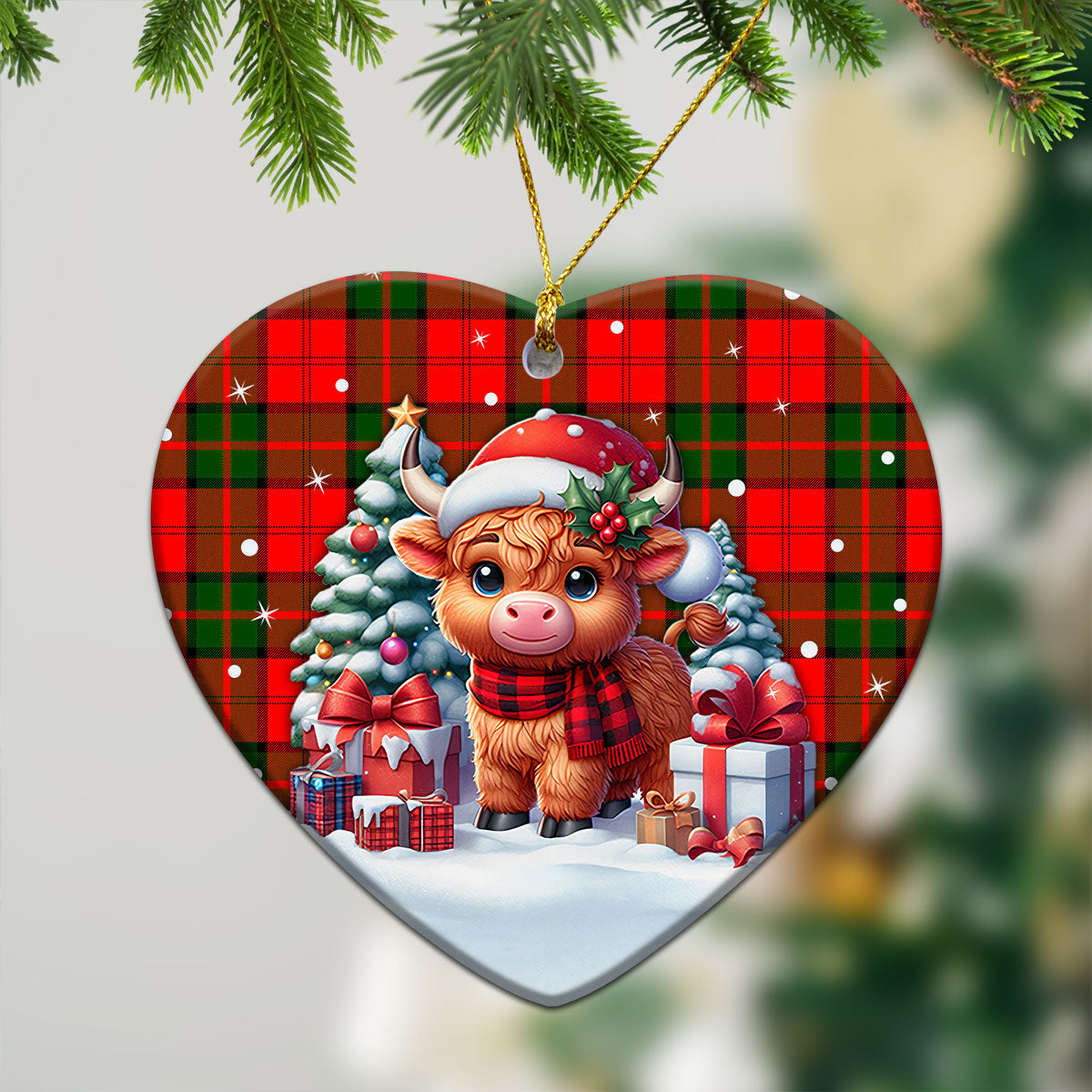 Dunbar Modern Tartan Christmas Ceramic Ornament - Highland Cow Winter Style