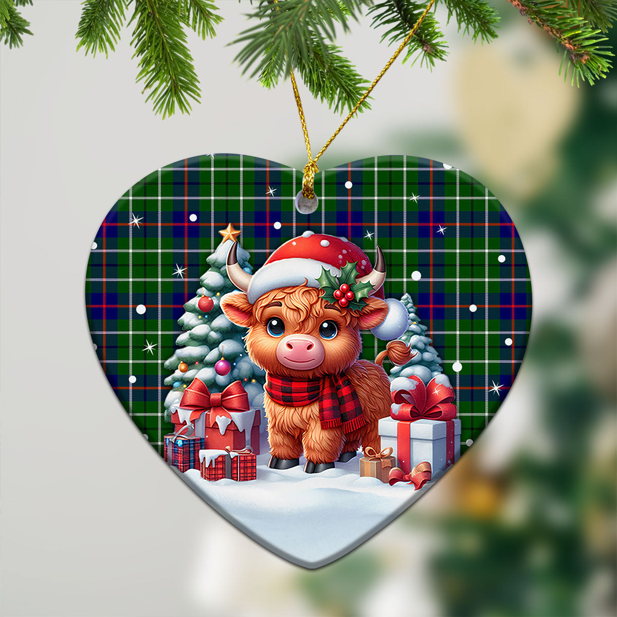 Duncan Modern Tartan Christmas Ceramic Ornament - Highland Cow Winter Style