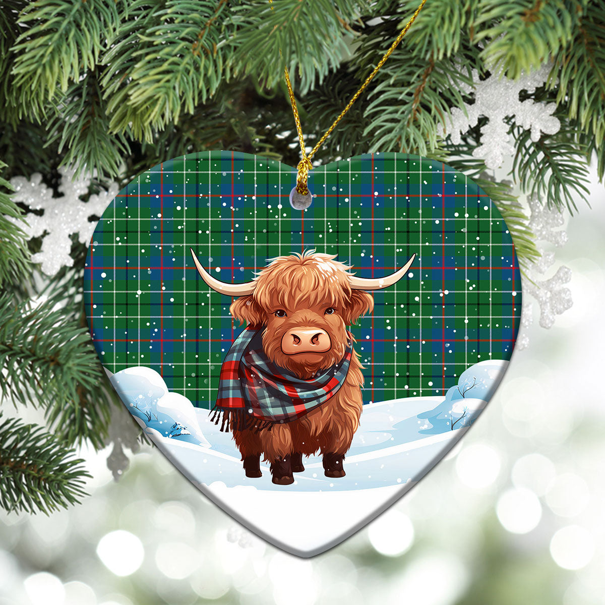 Duncanson Tartan Christmas Ceramic Ornament - Highland Cows Snow Style