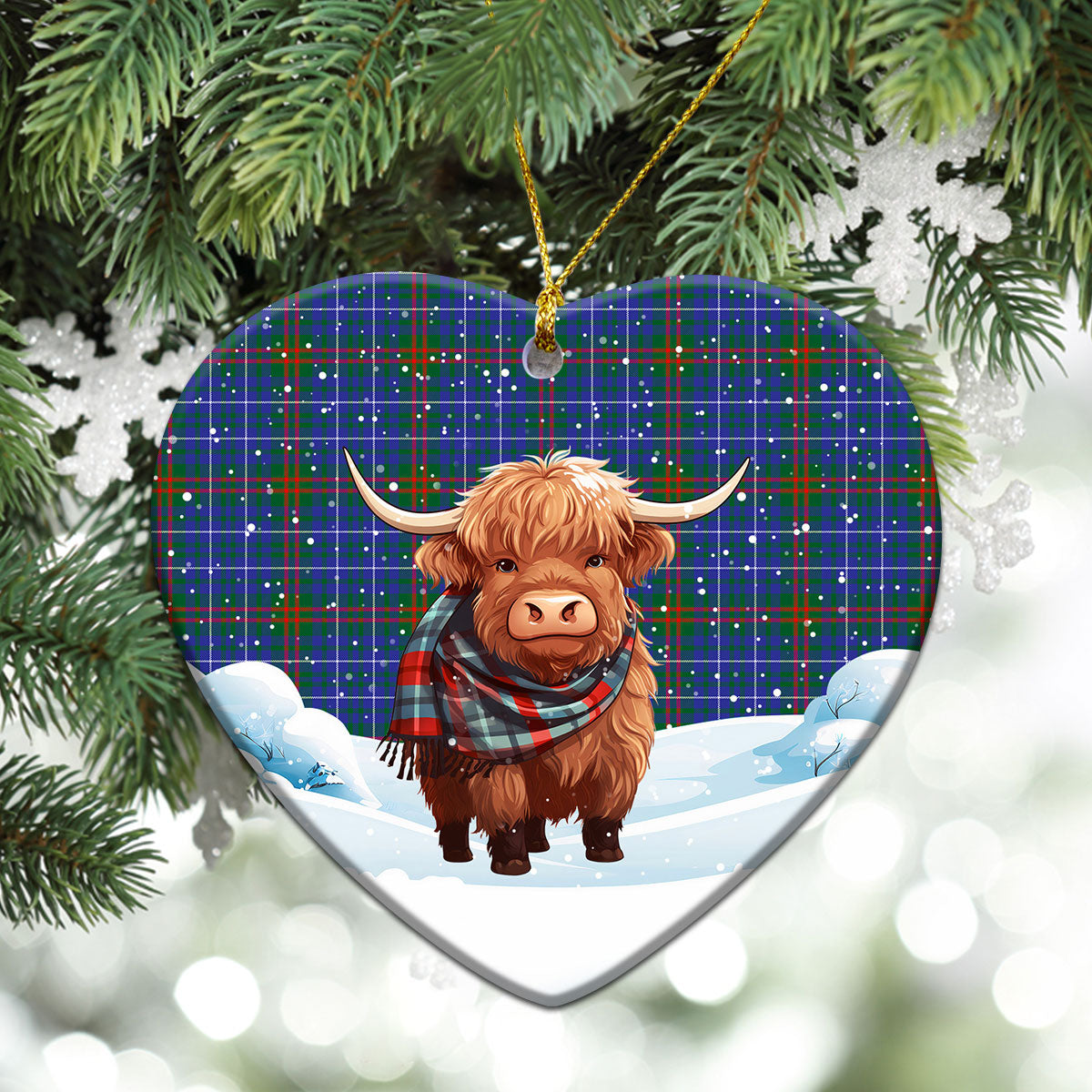 Edmonstone Tartan Christmas Ceramic Ornament - Highland Cows Snow Style