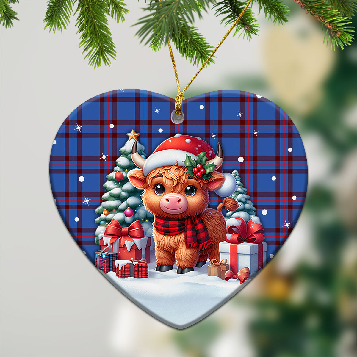 Elliott Modern Tartan Christmas Ceramic Ornament - Highland Cow Winter Style