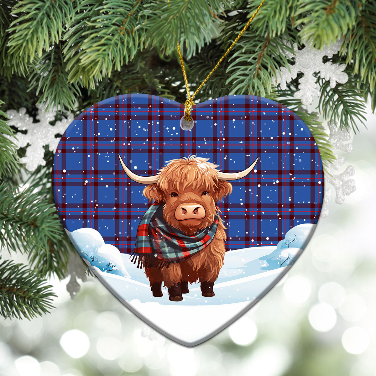 Elliott Modern Tartan Christmas Ceramic Ornament - Highland Cows Snow Style