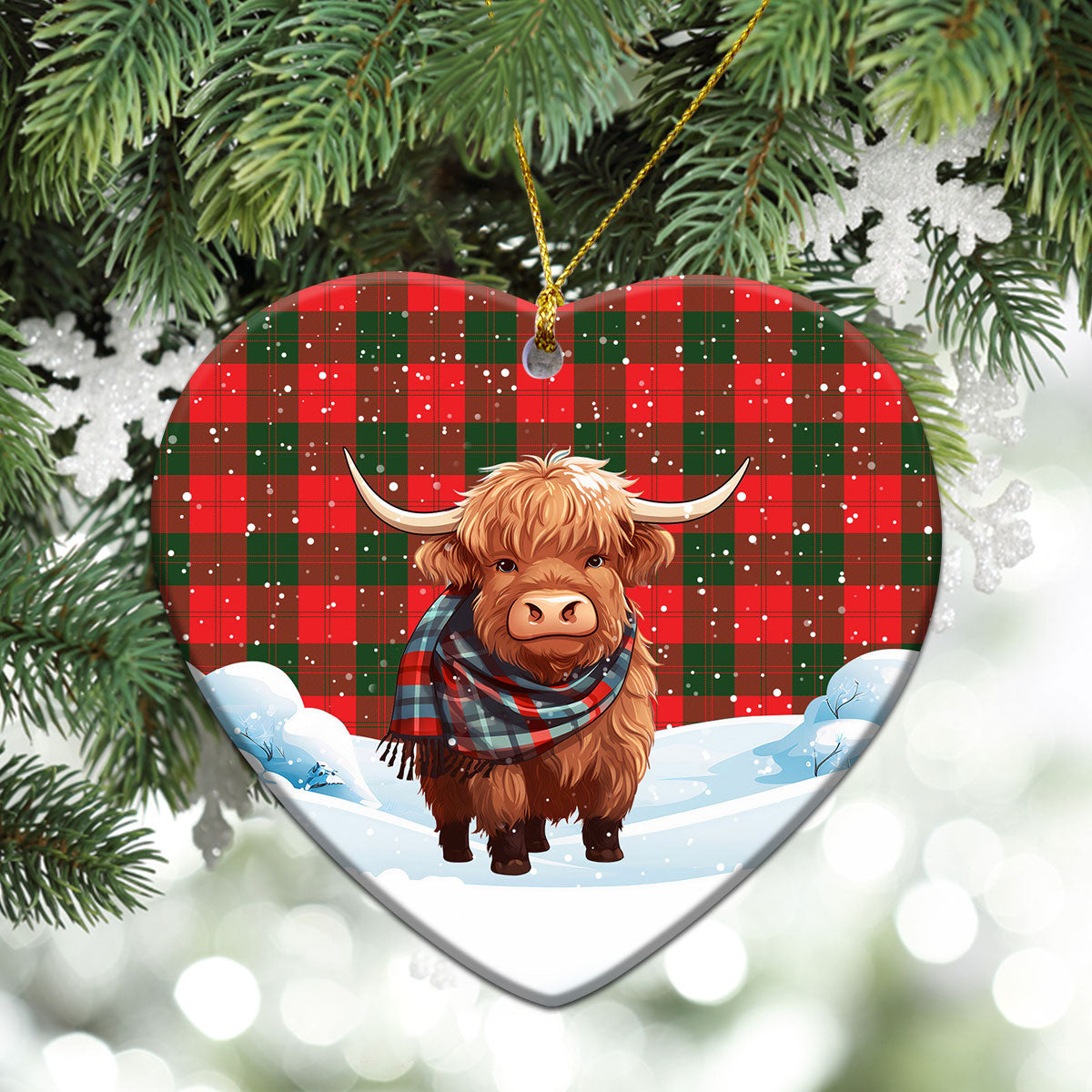 Erskine Modern Tartan Christmas Ceramic Ornament - Highland Cows Snow Style