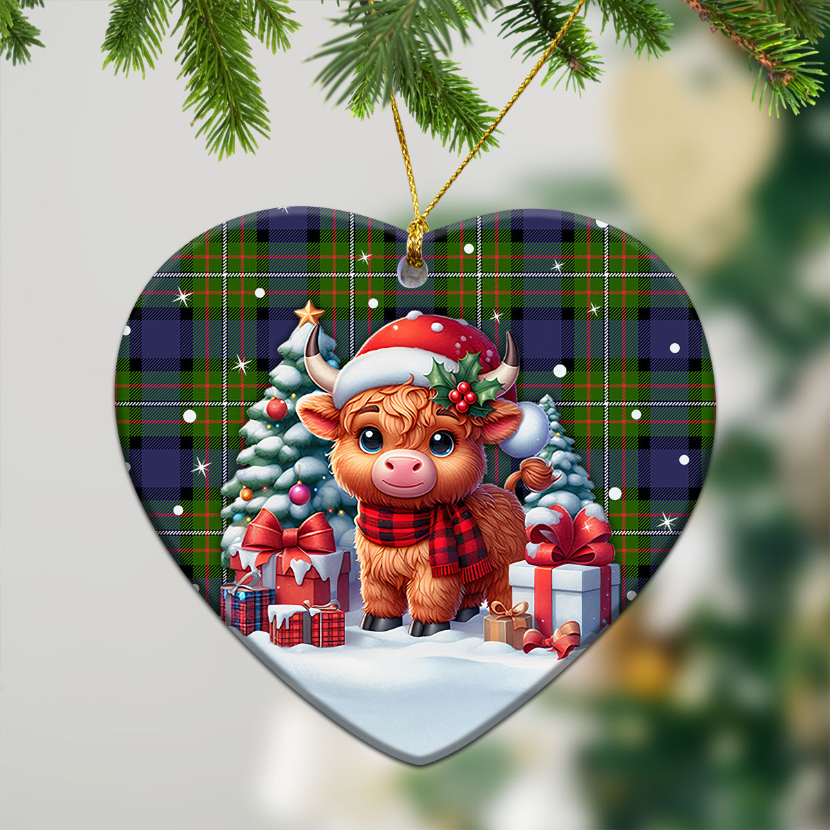 Fergusson Modern Tartan Christmas Ceramic Ornament - Highland Cow Winter Style