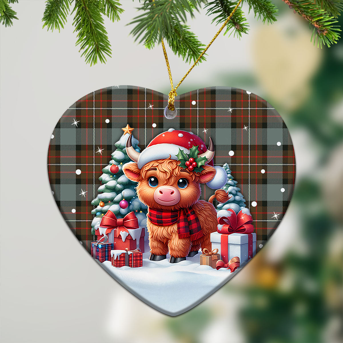 Fergusson Weathered Tartan Christmas Ceramic Ornament - Highland Cow Winter Style