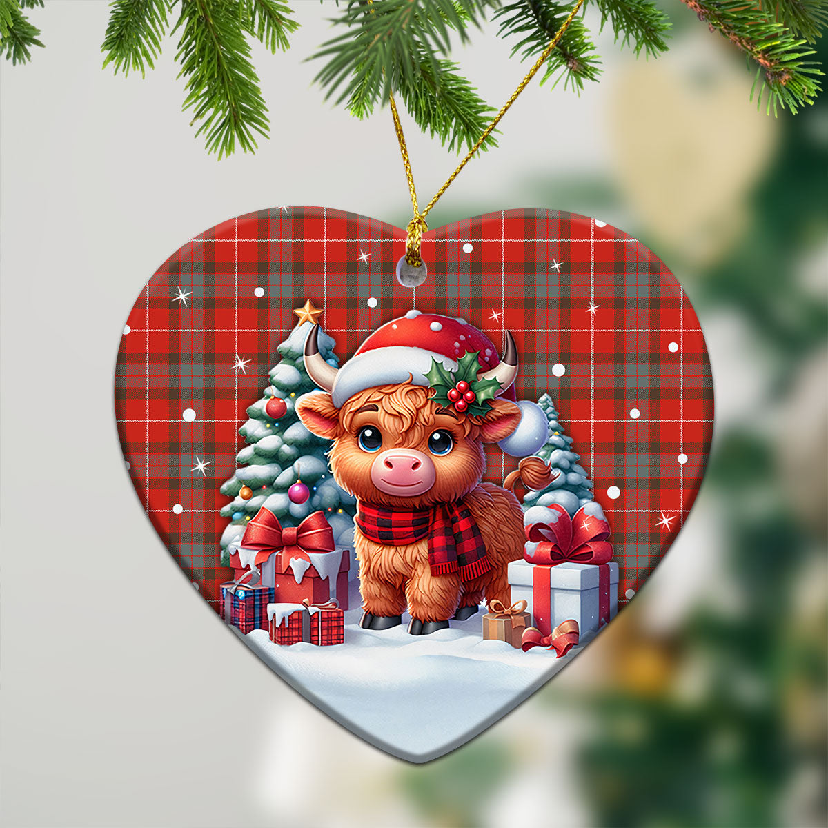 Fraser (of Lovat) Weathered Tartan Christmas Ceramic Ornament - Highland Cow Winter Style