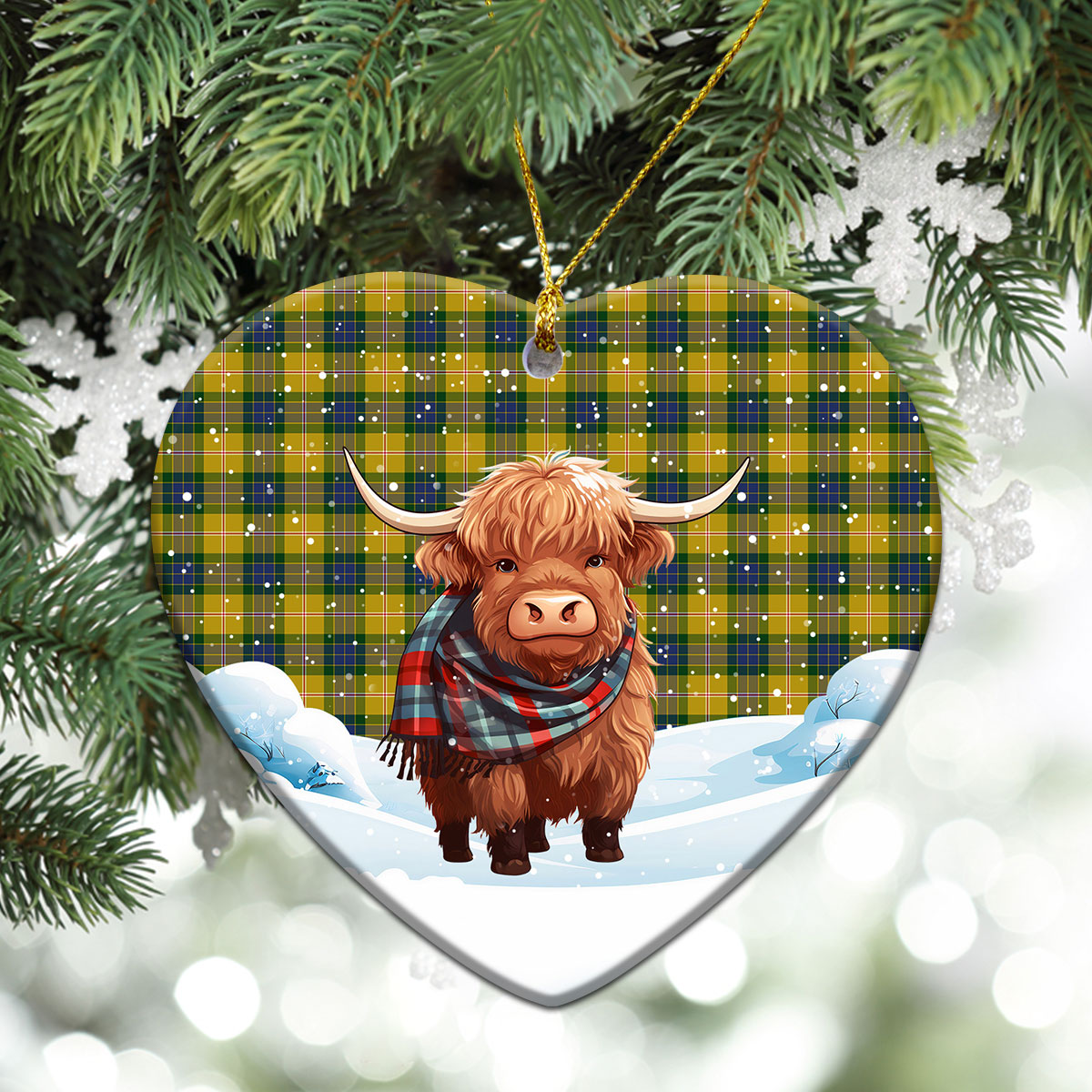 Fraser (of Lovat) Yellow Tartan Christmas Ceramic Ornament - Highland Cows Snow Style