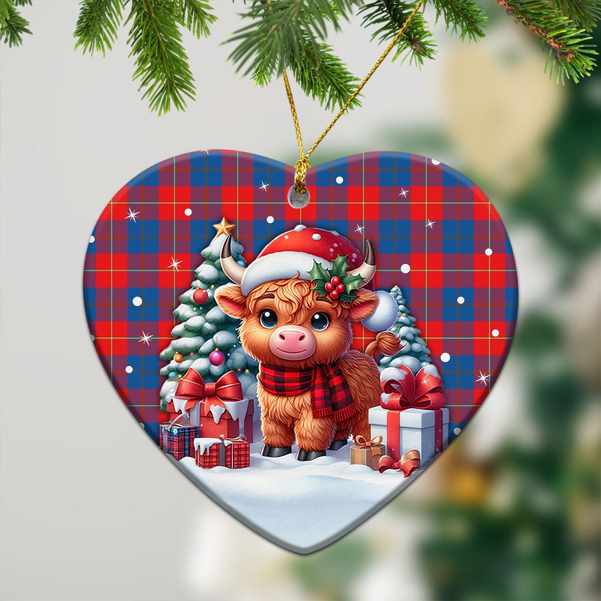 Galloway Red Tartan Christmas Ceramic Ornament - Highland Cow Winter Style