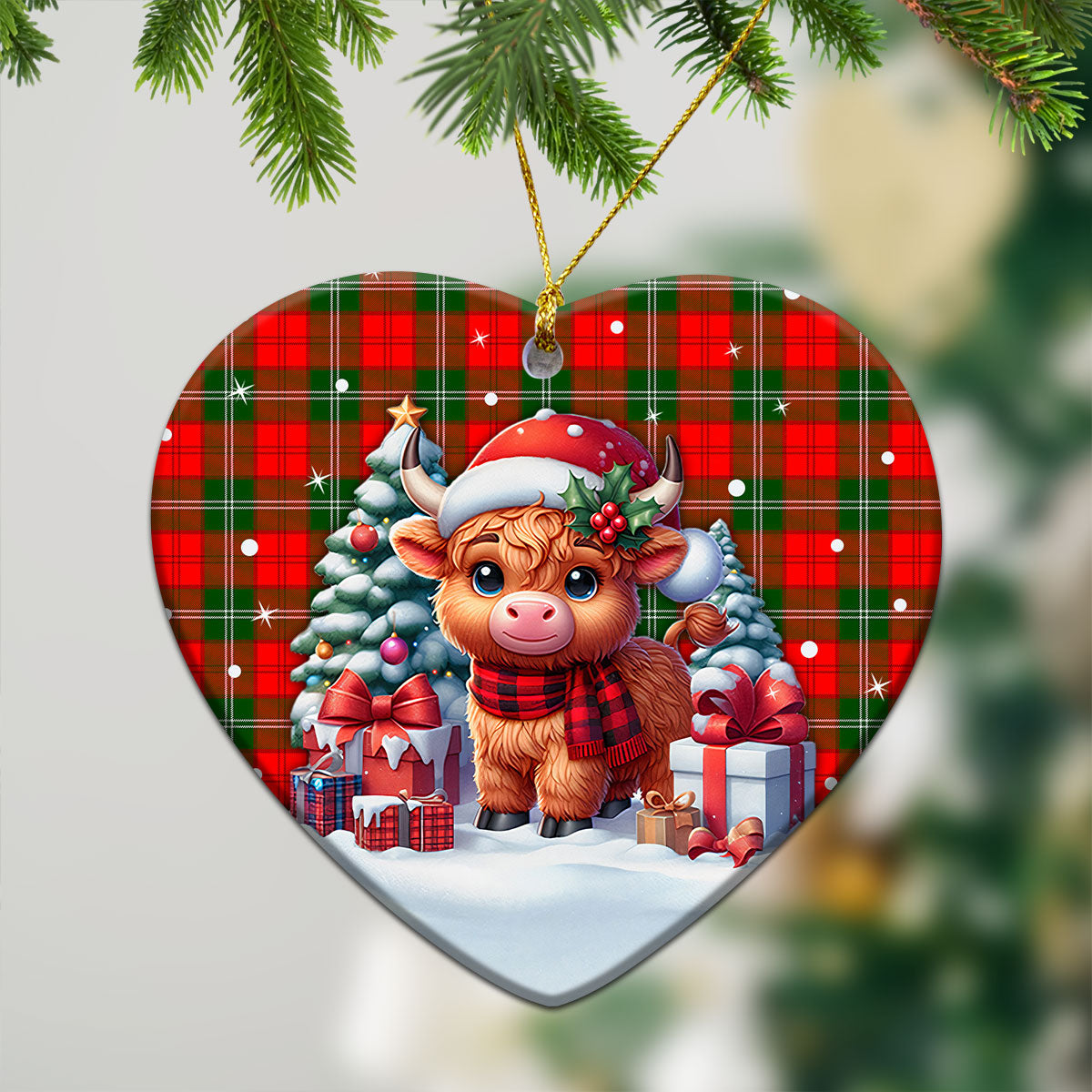 Gartshore Tartan Christmas Ceramic Ornament - Highland Cow Winter Style