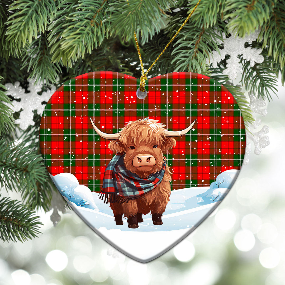 Gartshore Tartan Christmas Ceramic Ornament - Highland Cows Snow Style