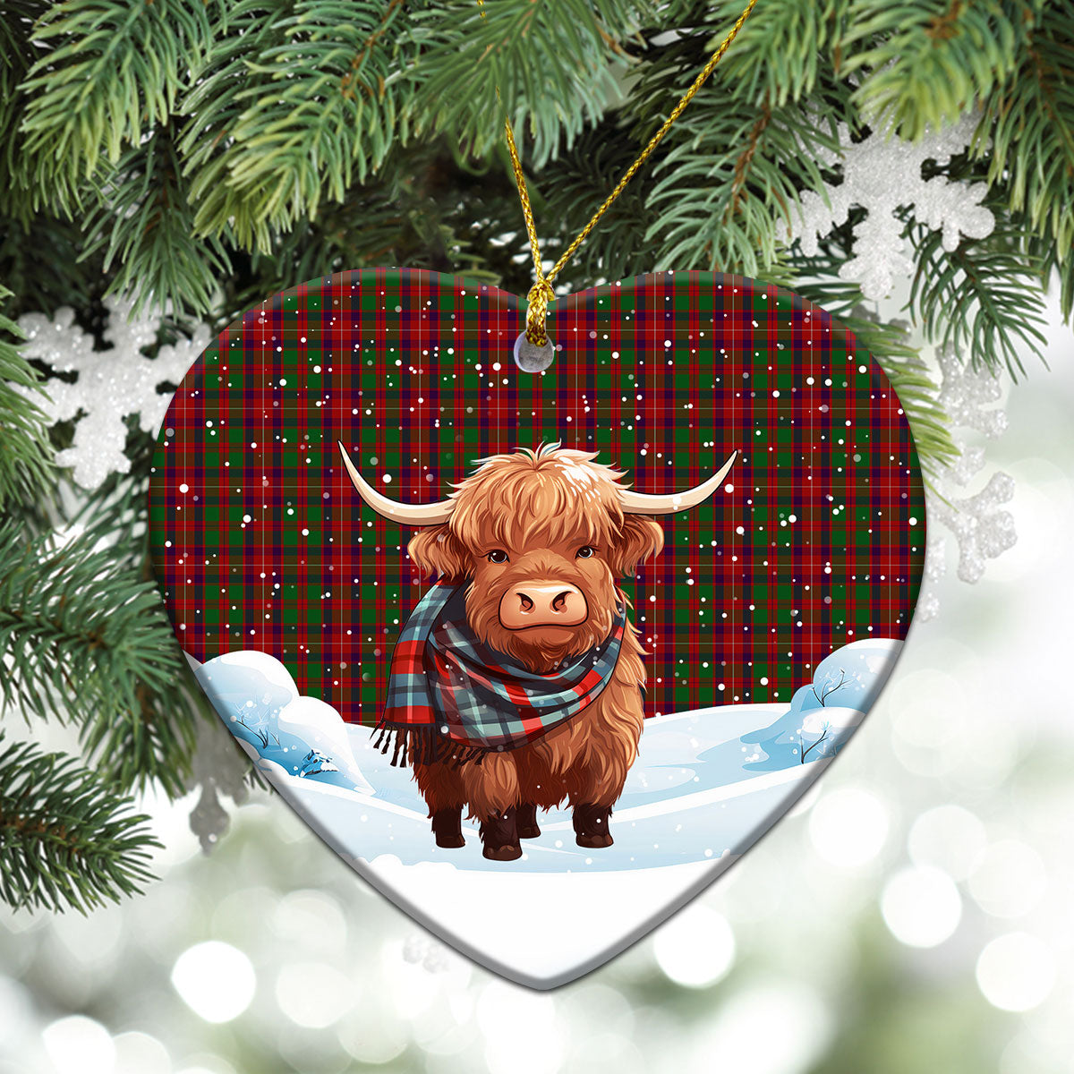 Ged Tartan Christmas Ceramic Ornament - Highland Cows Snow Style