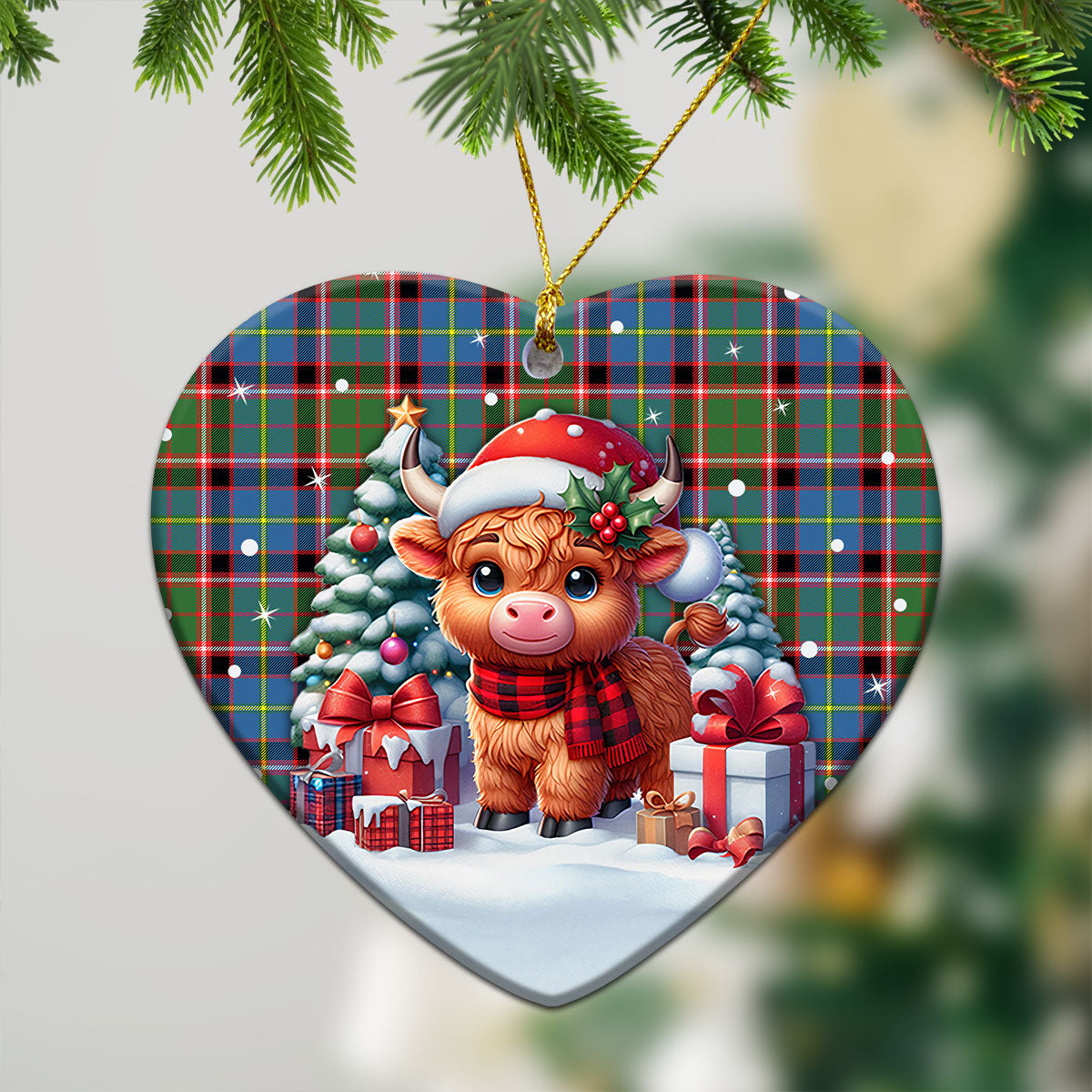 Glass Tartan Christmas Ceramic Ornament - Highland Cow Winter Style