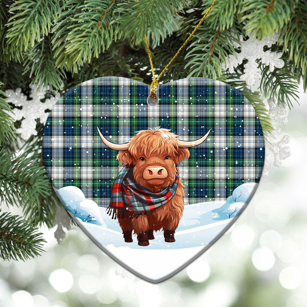 Gordon Dress Ancient Tartan Christmas Ceramic Ornament - Highland Cows Snow Style