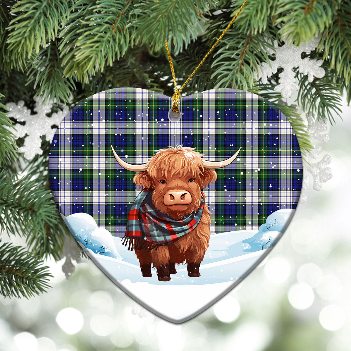 Gordon Dress Modern Tartan Christmas Ceramic Ornament - Highland Cows Snow Style