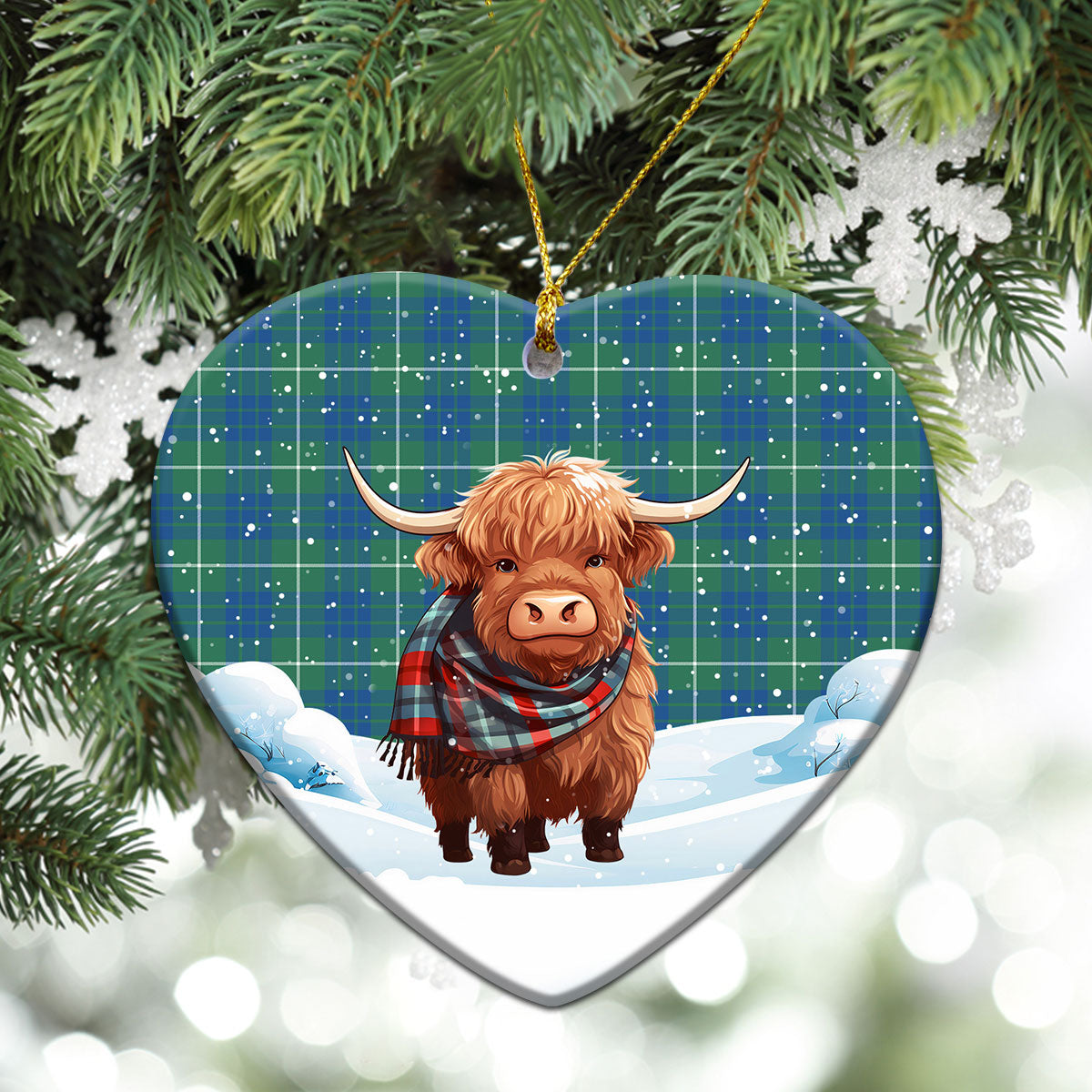 Hamilton Hunting Ancient Tartan Christmas Ceramic Ornament - Highland Cows Snow Style