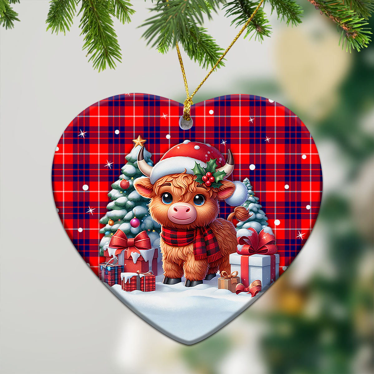 Hamilton Modern Tartan Christmas Ceramic Ornament - Highland Cow Winter Style