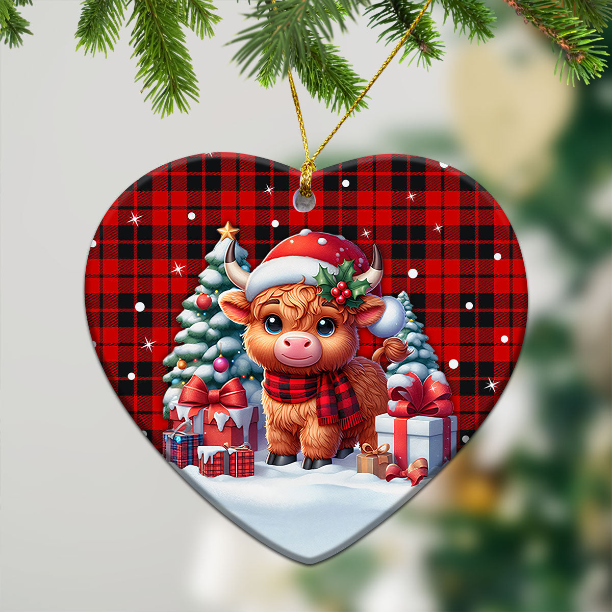 Hogg Tartan Christmas Ceramic Ornament - Highland Cow Winter Style