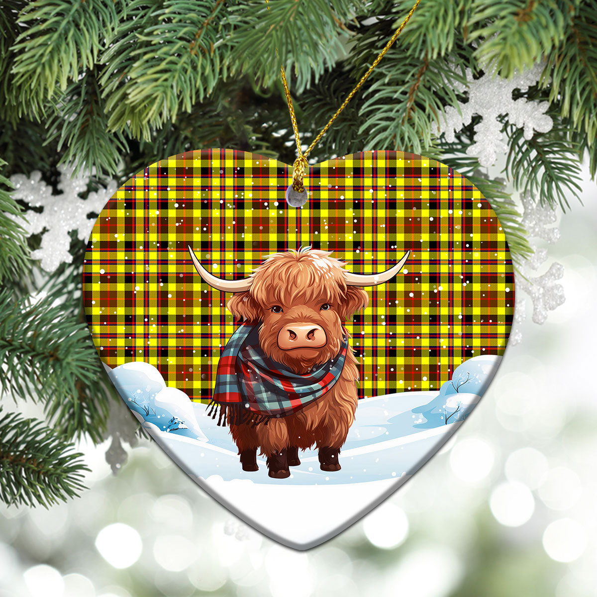 Jardine Tartan Christmas Ceramic Ornament - Highland Cows Snow Style