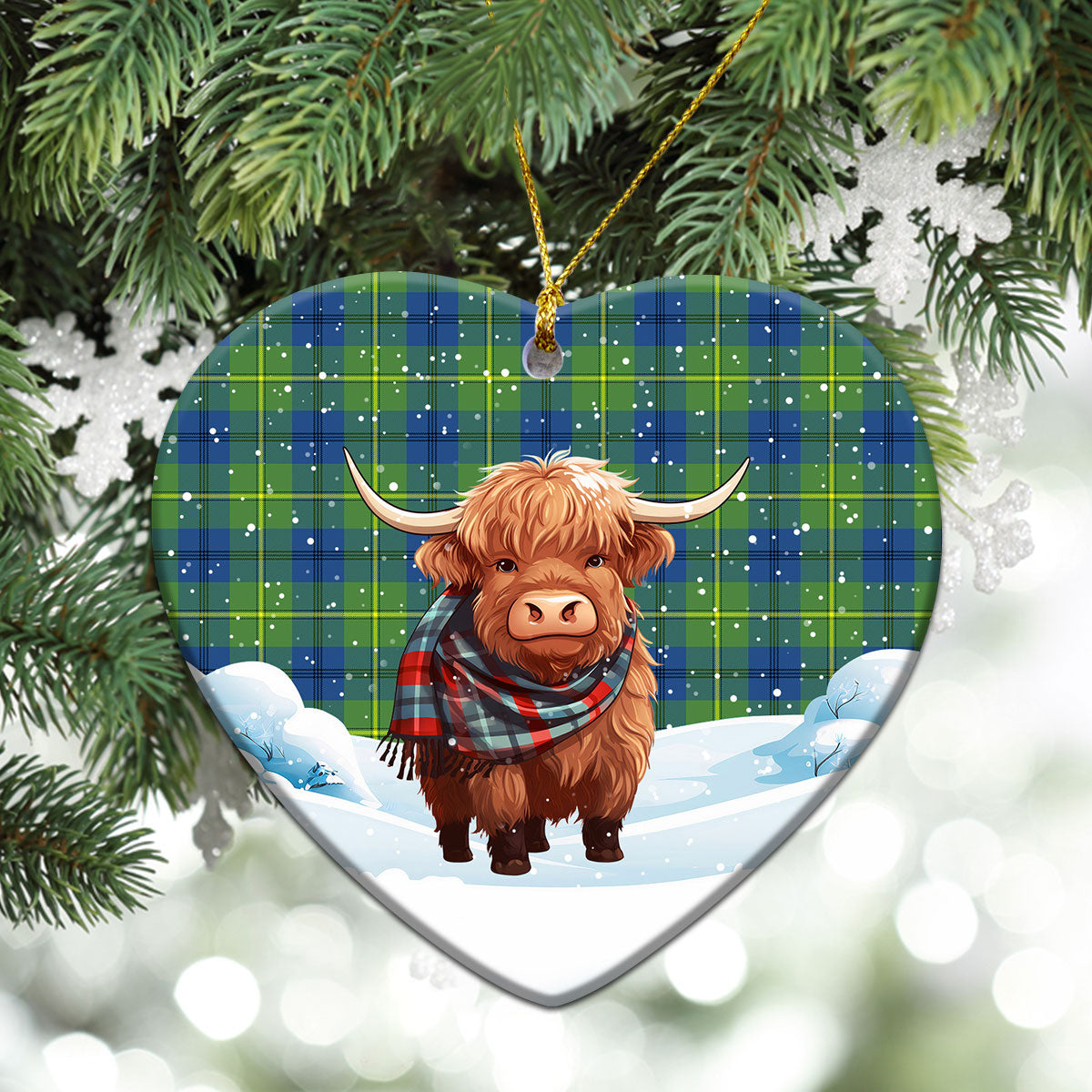 Johnston Ancient Tartan Christmas Ceramic Ornament - Highland Cows Snow Style