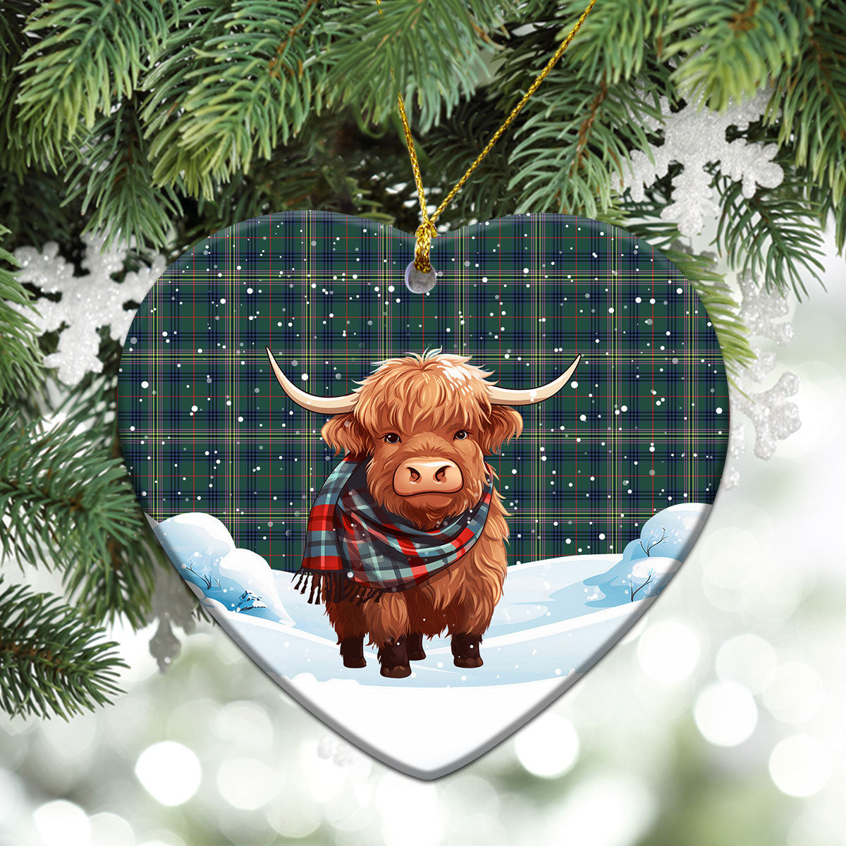 Kennedy Modern Tartan Christmas Ceramic Ornament - Highland Cows Snow Style