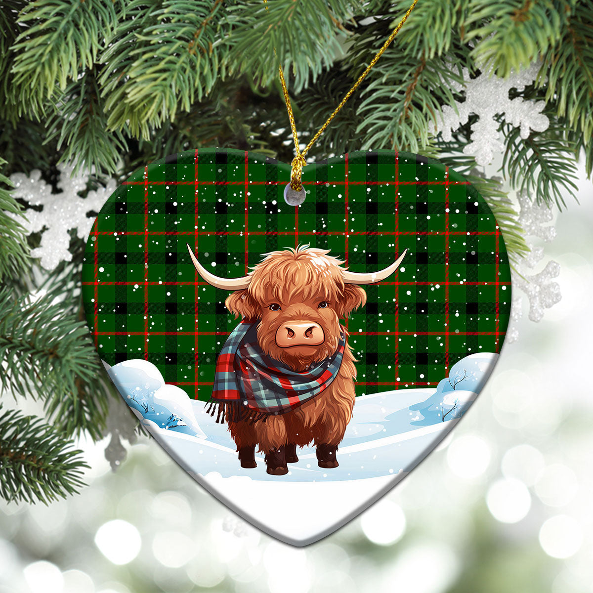 Kincaid Tartan Christmas Ceramic Ornament - Highland Cows Snow Style