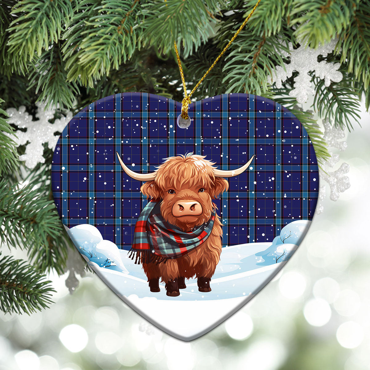 Kirkaldy Tartan Christmas Ceramic Ornament - Highland Cows Snow Style