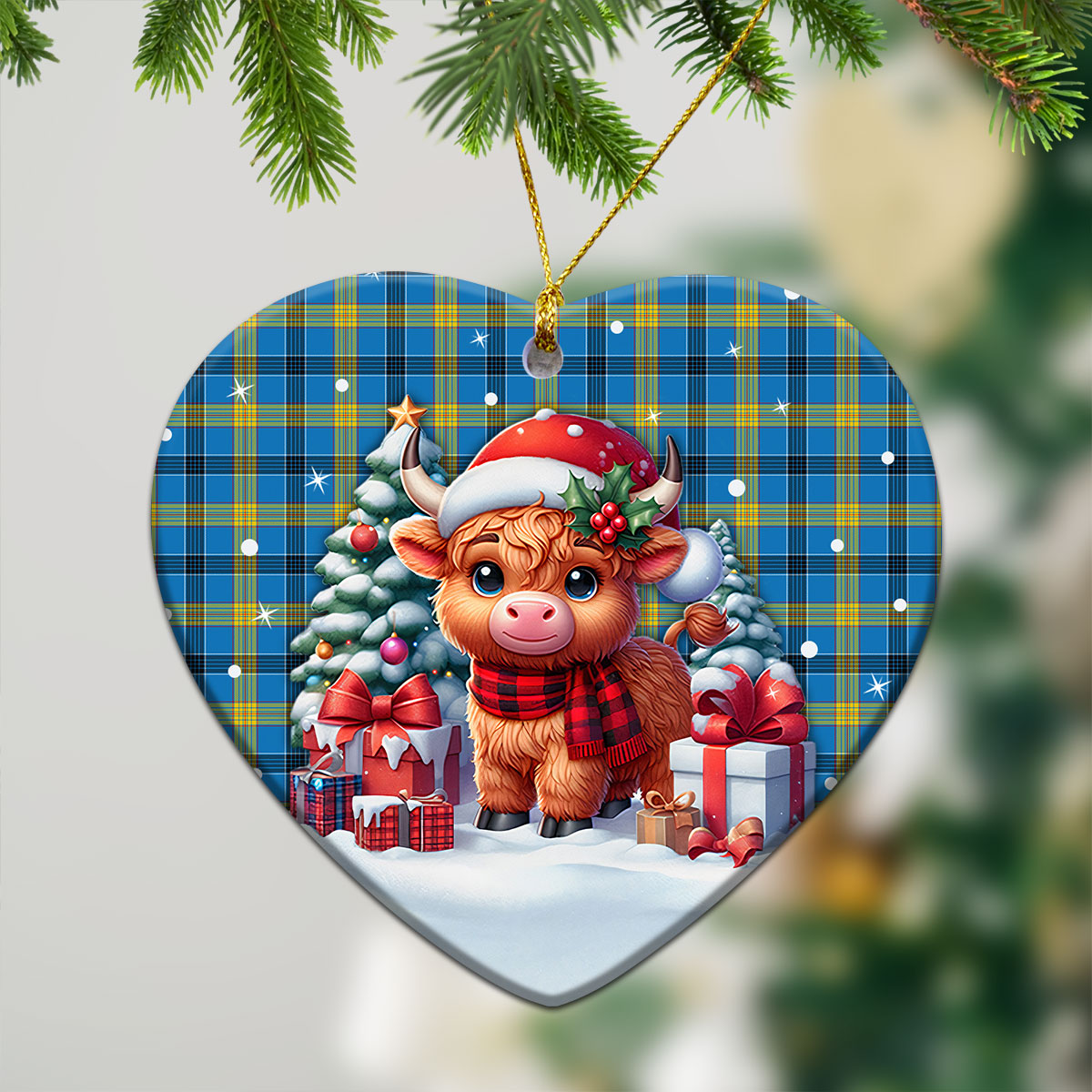 Laing Tartan Christmas Ceramic Ornament - Highland Cow Winter Style