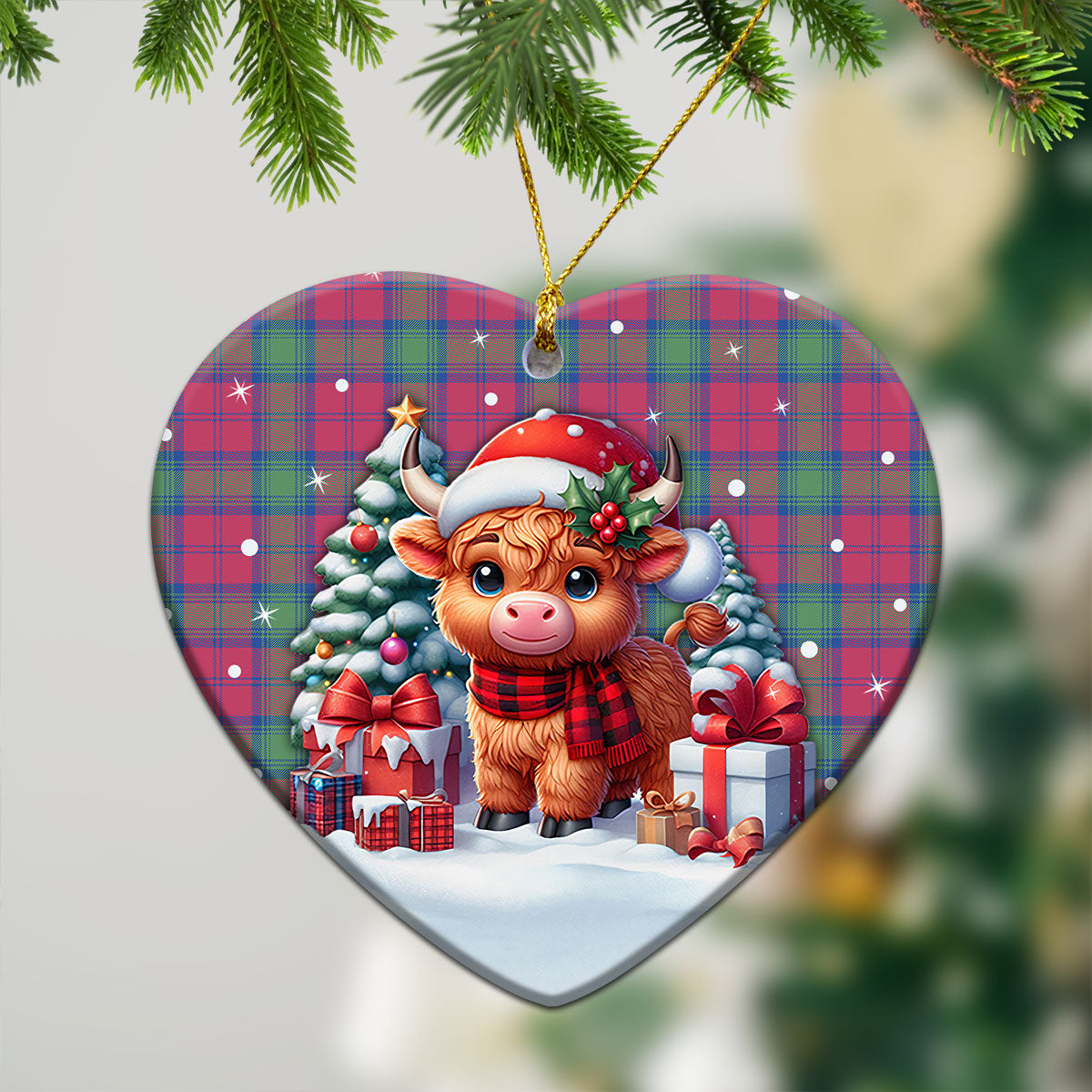 Lindsay Ancient Tartan Christmas Ceramic Ornament - Highland Cow Winter Style