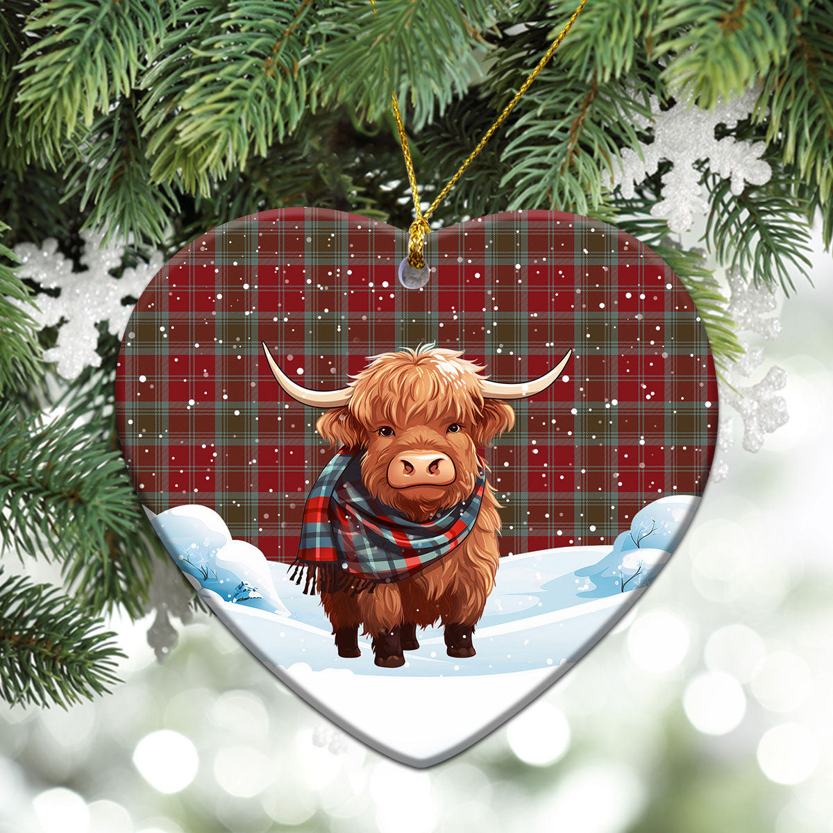 Lindsay Weathered Tartan Christmas Ceramic Ornament - Highland Cows Snow Style