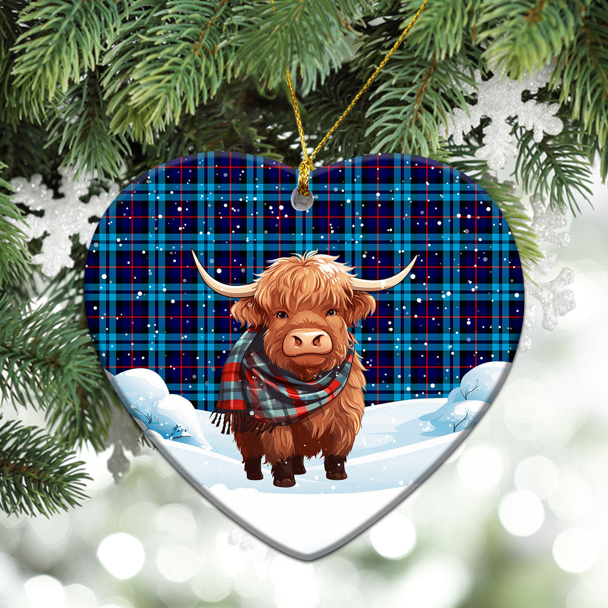 MacCorquodale Tartan Christmas Ceramic Ornament - Highland Cows Snow Style