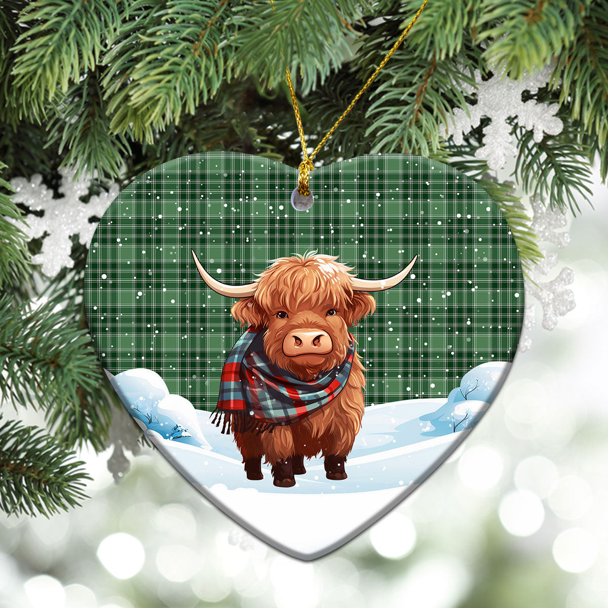 MacDonald Lord of the Isles Hunting Tartan Christmas Ceramic Ornament - Highland Cows Snow Style