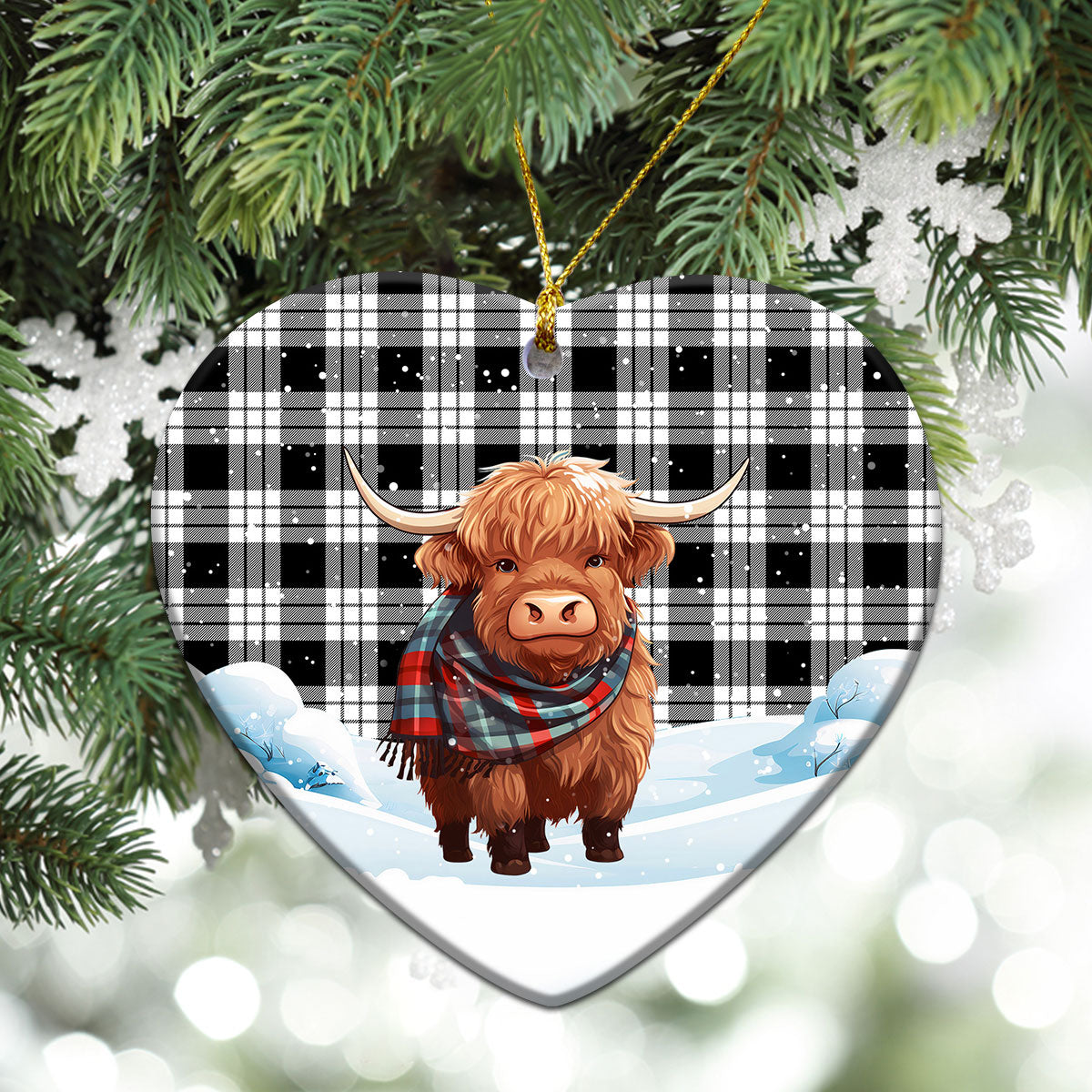 MacFarlane Black _ White Tartan Christmas Ceramic Ornament - Highland Cows Snow Style