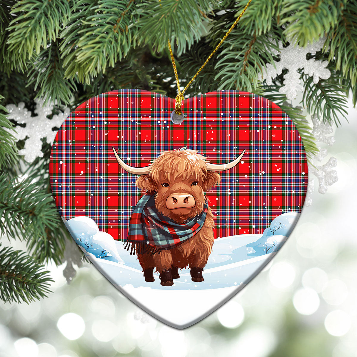 MacFarlane Modern Tartan Christmas Ceramic Ornament - Highland Cows Snow Style