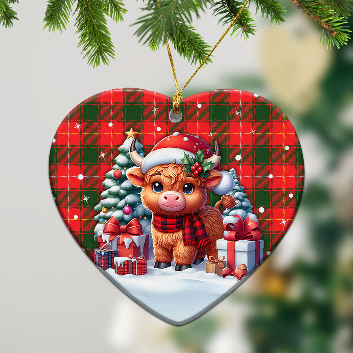 MacFie Tartan Christmas Ceramic Ornament - Highland Cow Winter Style