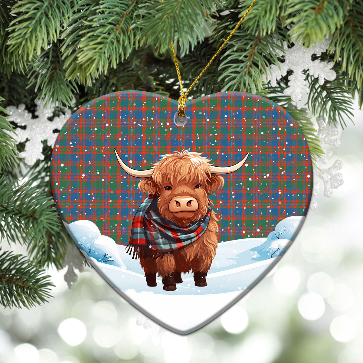 MacIntyre Ancient Tartan Christmas Ceramic Ornament - Highland Cows Snow Style