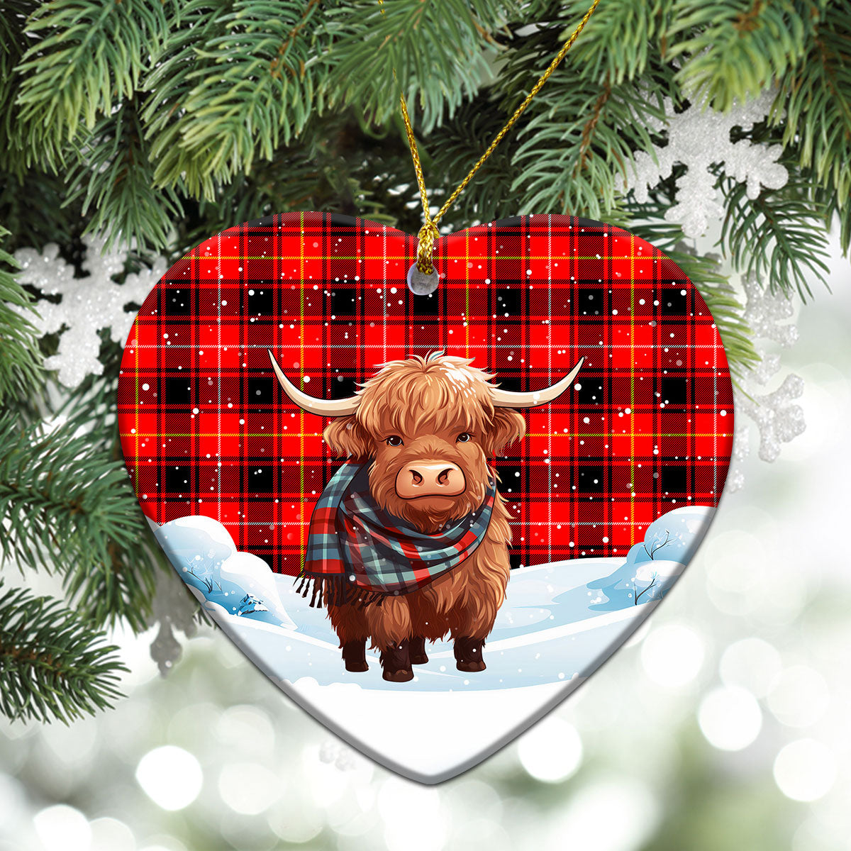 MacIver Modern Tartan Christmas Ceramic Ornament - Highland Cows Snow Style