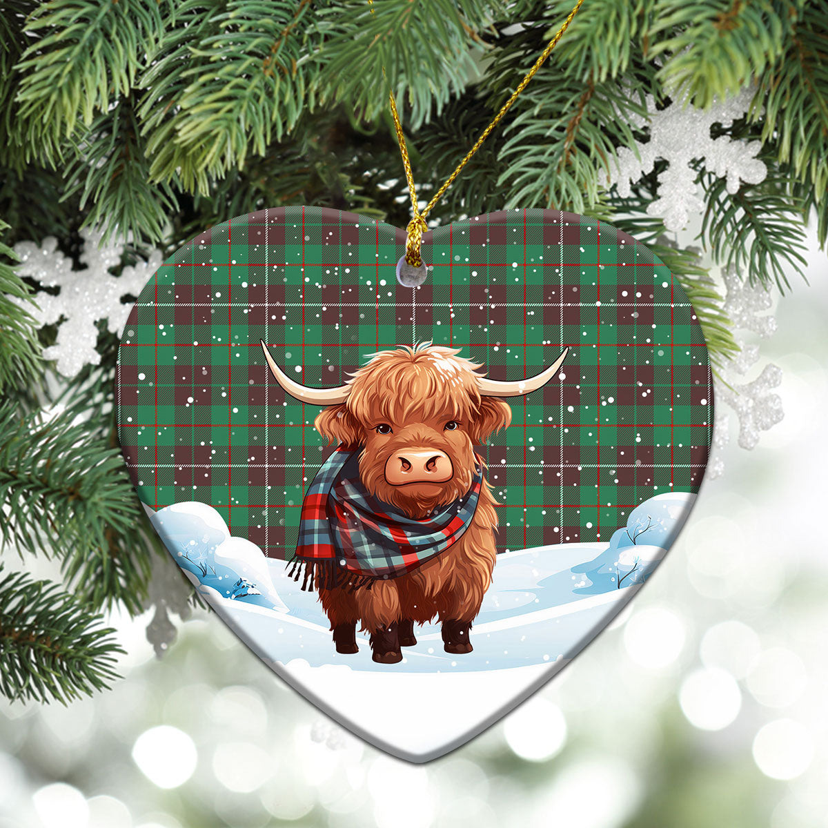 MacKinnon Hunting Ancient Tartan Christmas Ceramic Ornament - Highland Cows Snow Style