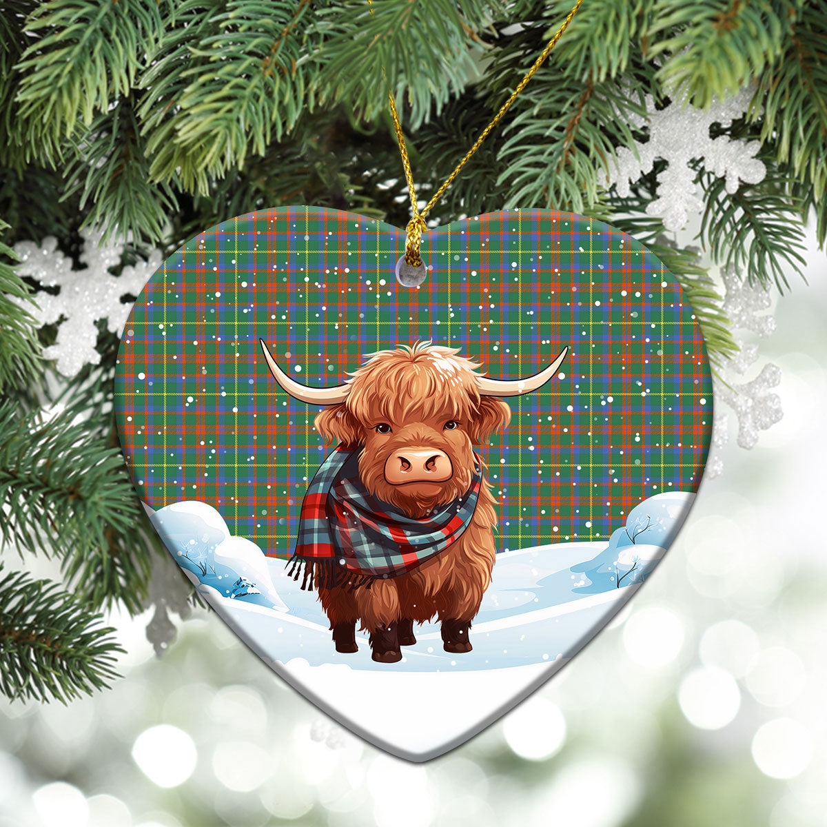 MacKintosh Hunting Ancient Tartan Christmas Ceramic Ornament - Highland Cows Snow Style