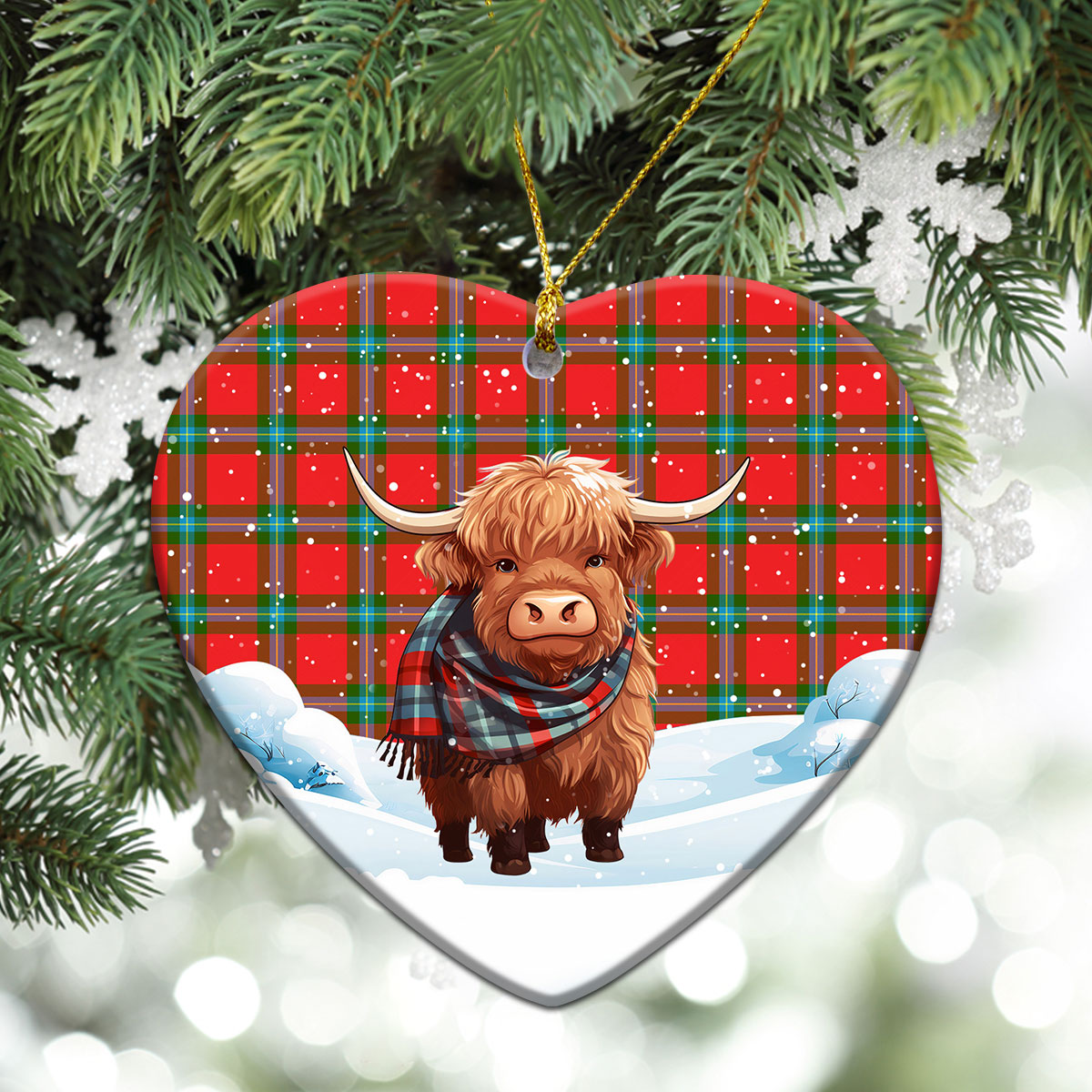 MacLaine of Loch Buie Tartan Christmas Ceramic Ornament - Highland Cows Snow Style