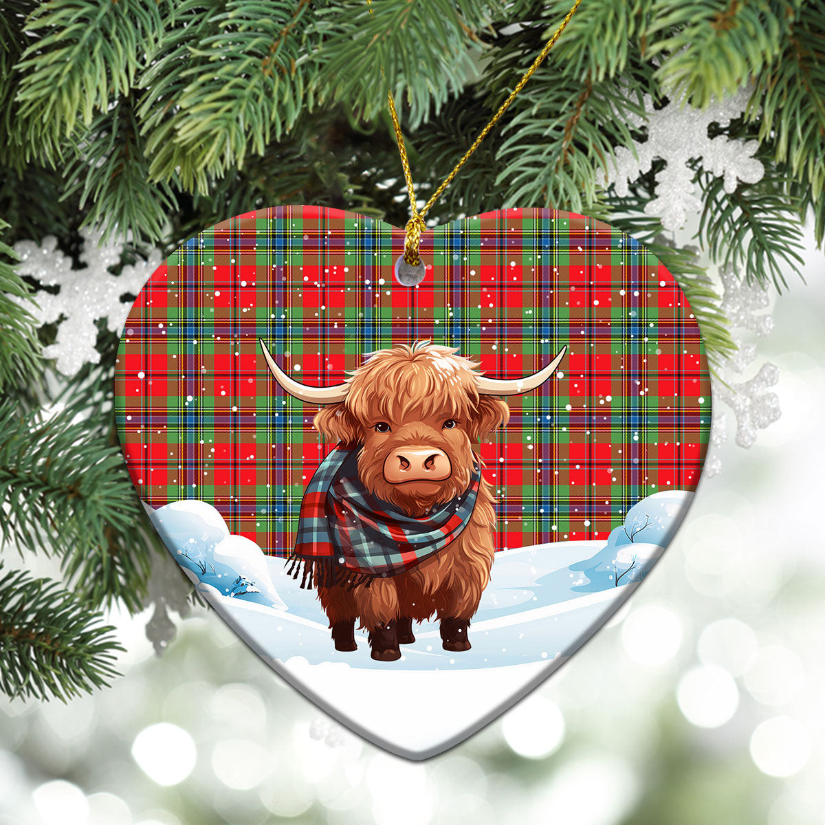 MacLean of Duart Modern Tartan Christmas Ceramic Ornament - Highland Cows Snow Style