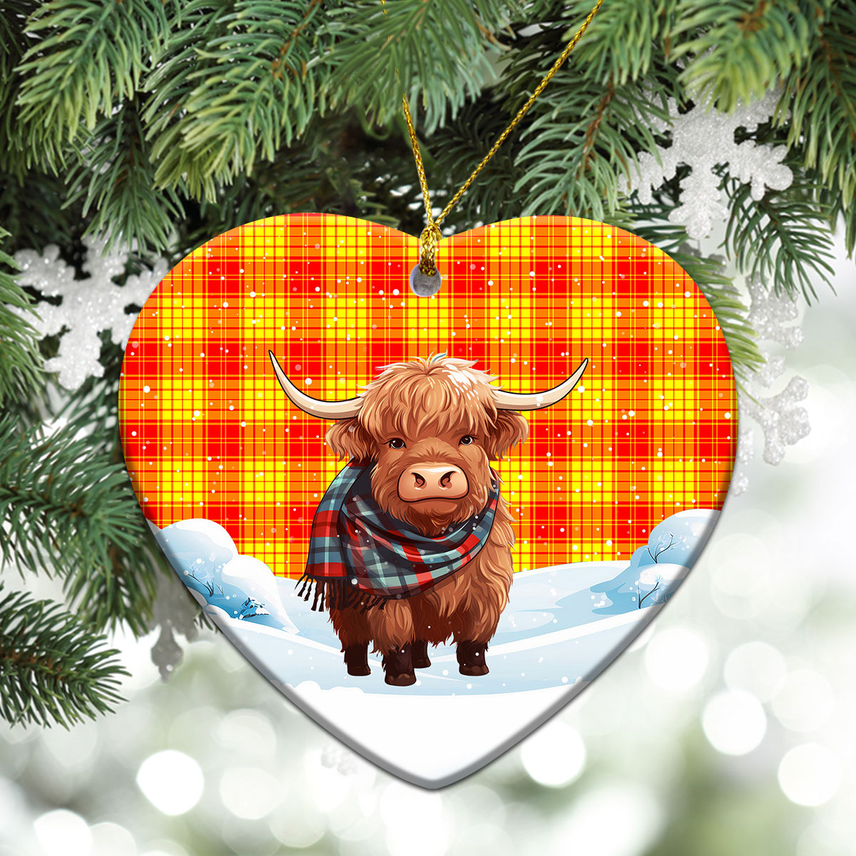 MacMillan Clan Tartan Christmas Ceramic Ornament - Highland Cows Snow Style