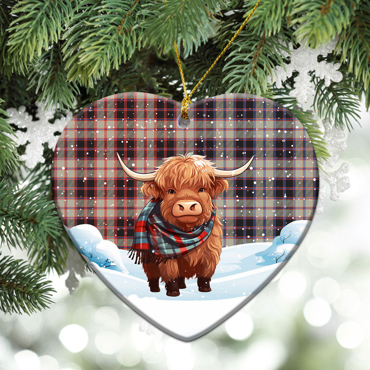 MacPherson Hunting Ancient Tartan Christmas Ceramic Ornament - Highland Cows Snow Style