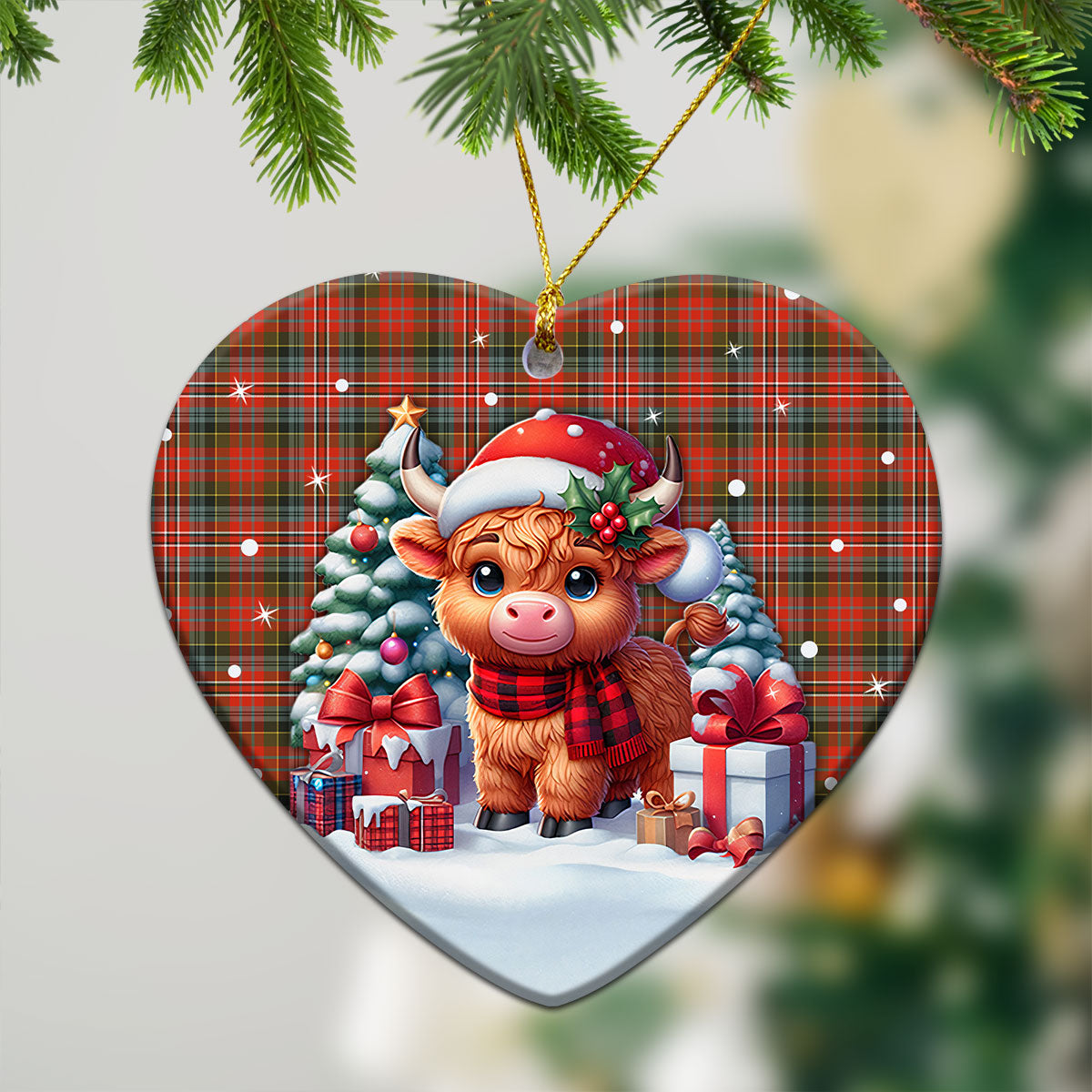 MacPherson Weathered Tartan Christmas Ceramic Ornament - Highland Cow Winter Style