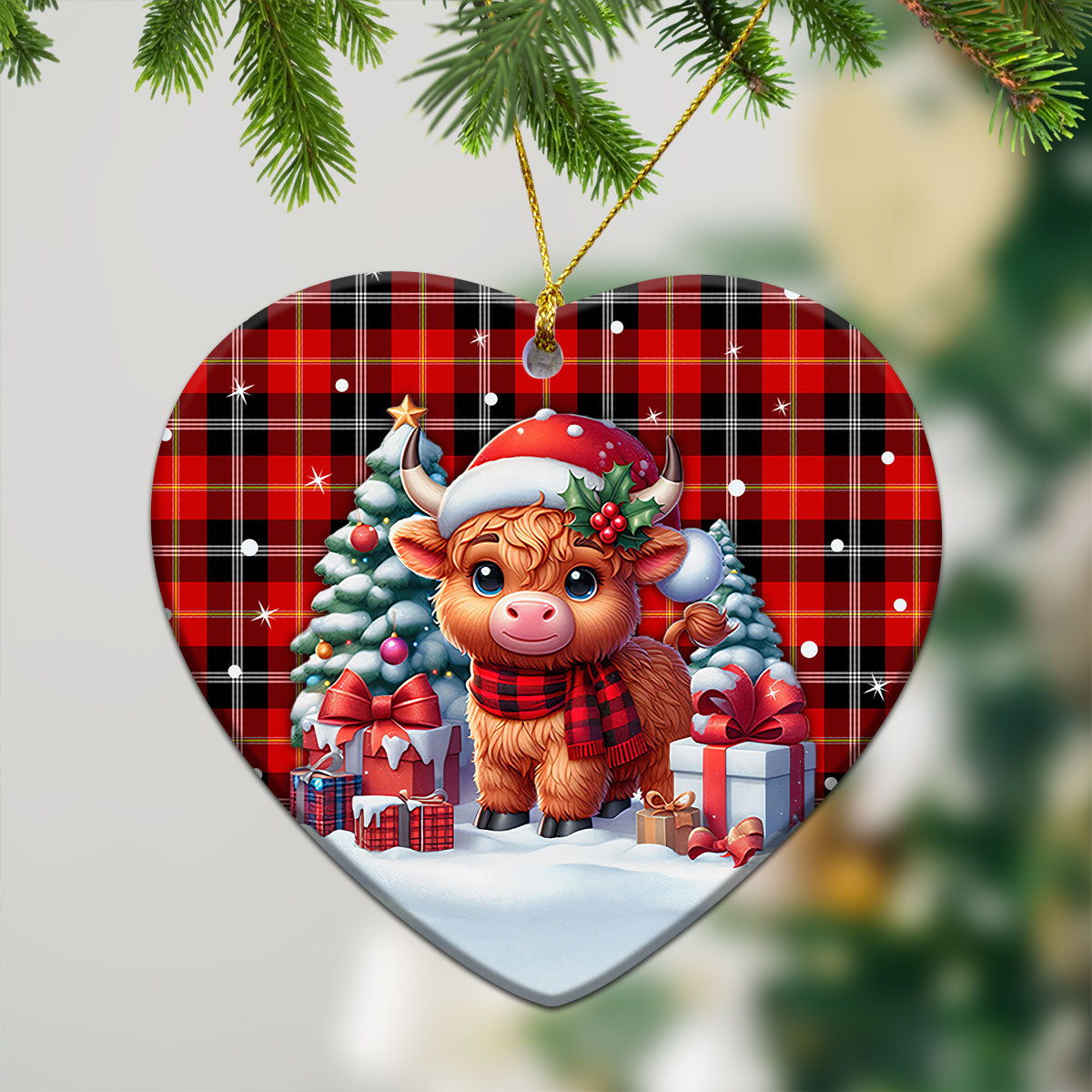 Marjoribanks Tartan Christmas Ceramic Ornament - Highland Cow Winter Style