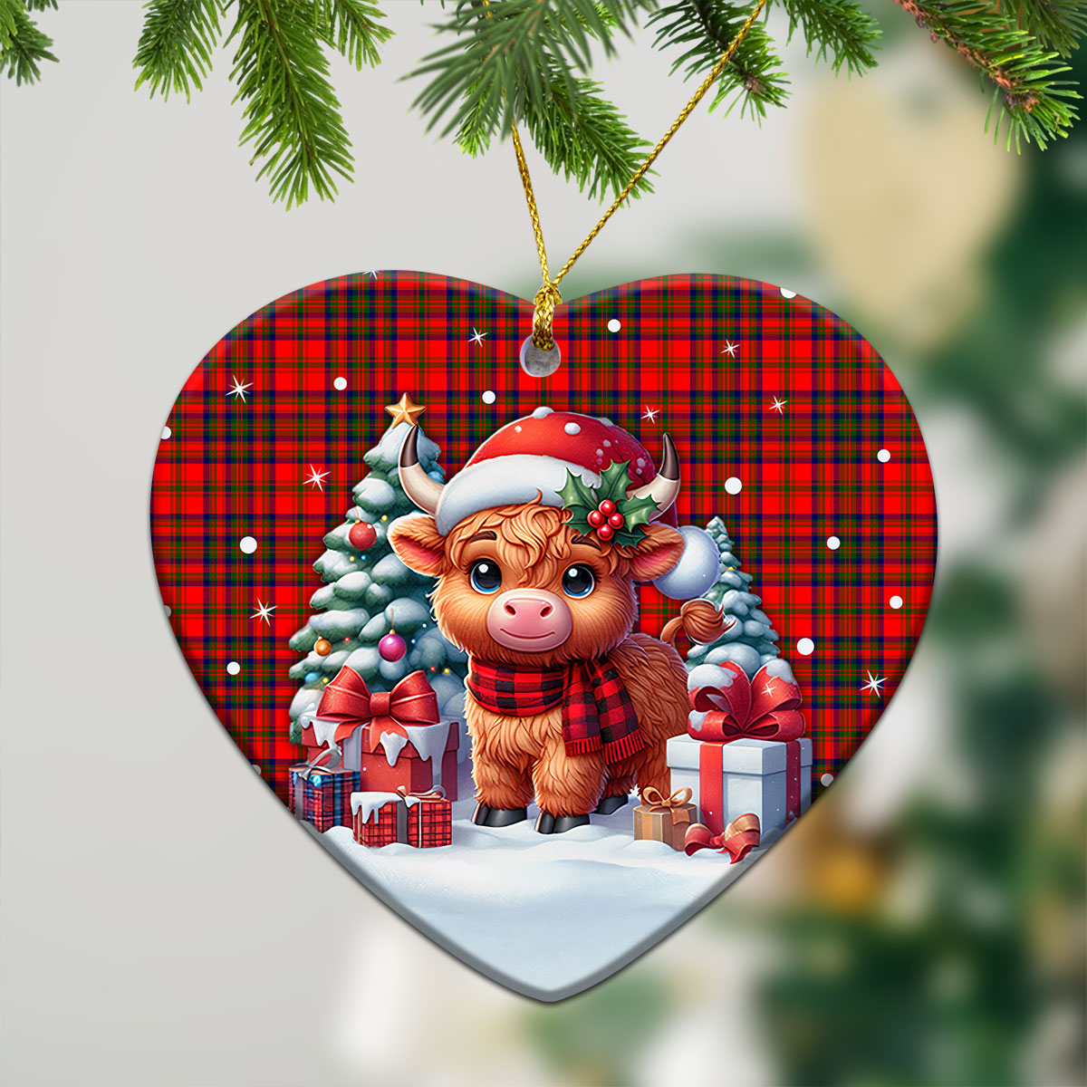 Matheson Modern Tartan Christmas Ceramic Ornament - Highland Cow Winter Style