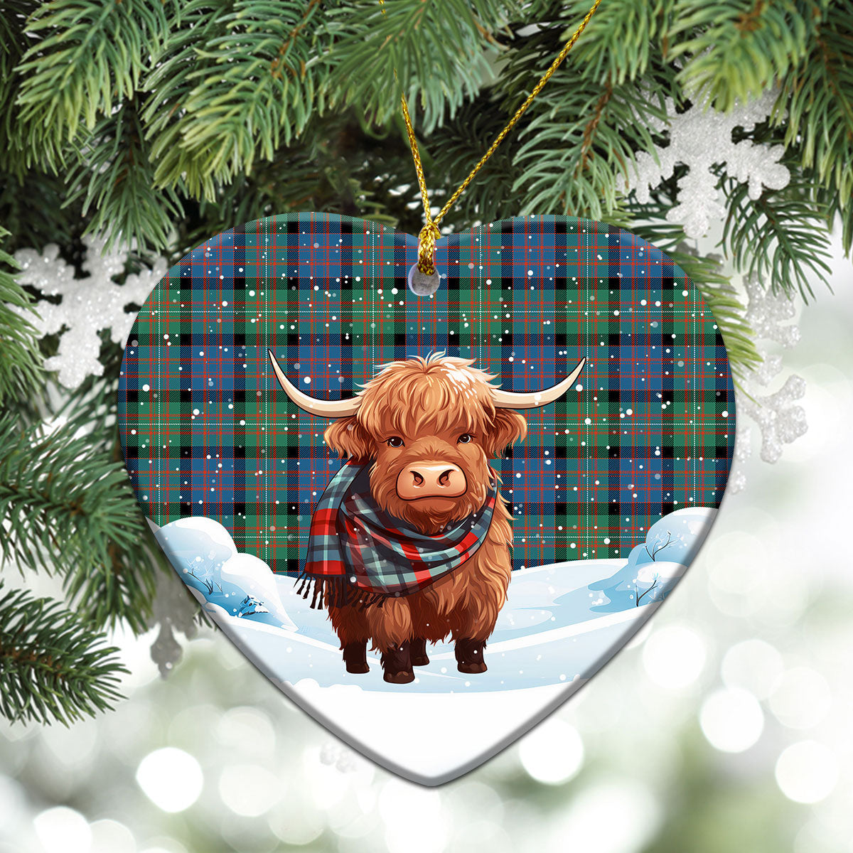 McDonnell of Glengarry Ancient Tartan Christmas Ceramic Ornament - Highland Cows Snow Style